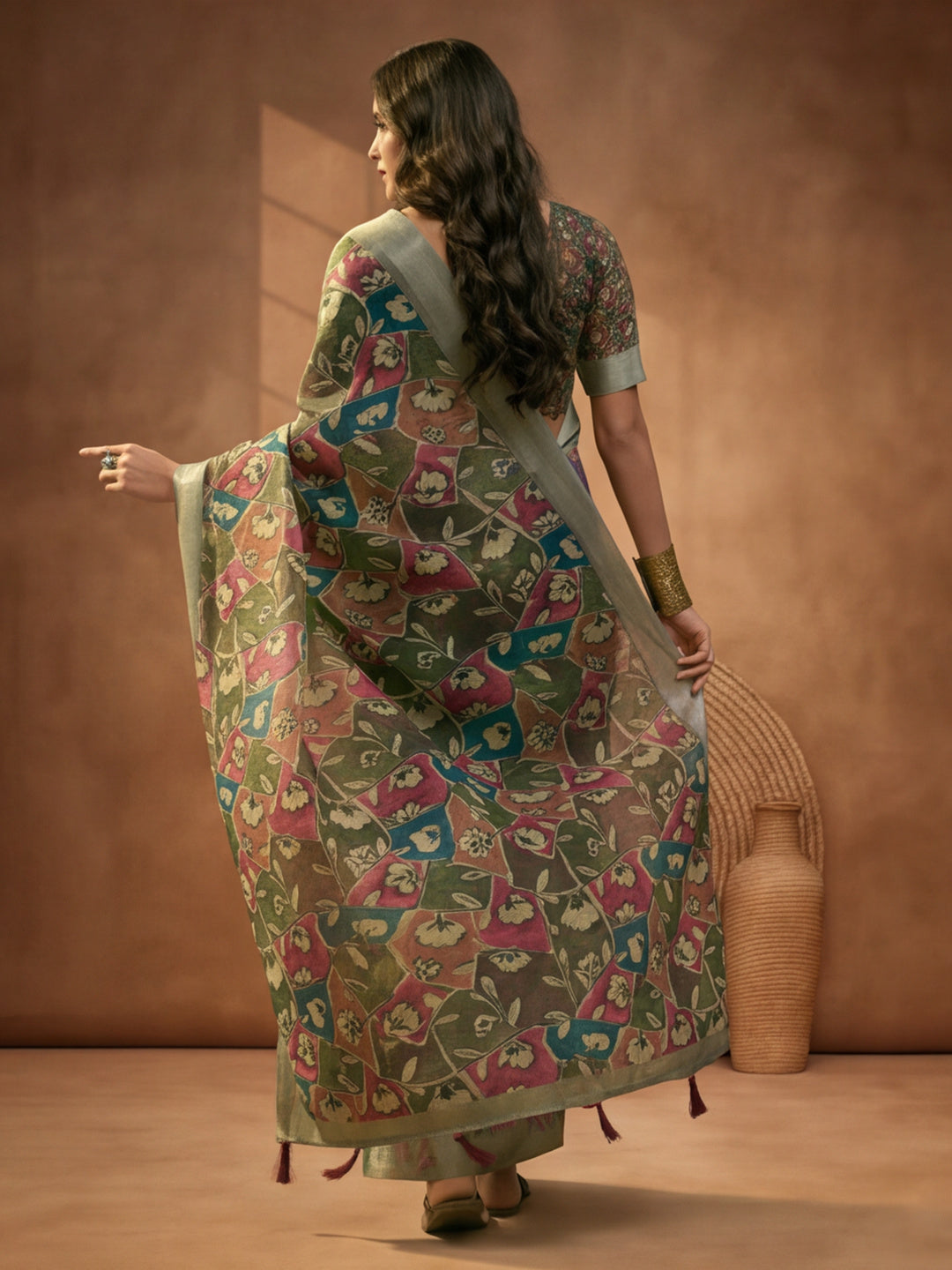 Olive Green Linen Cotton Digital Printed Floral Saree