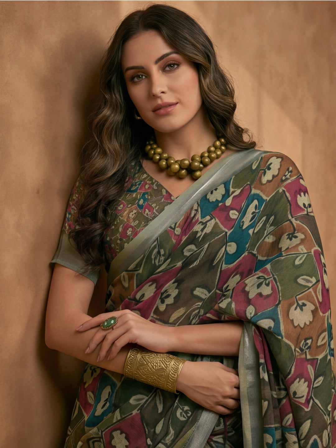 Olive Green Linen Cotton Digital Printed Floral Saree