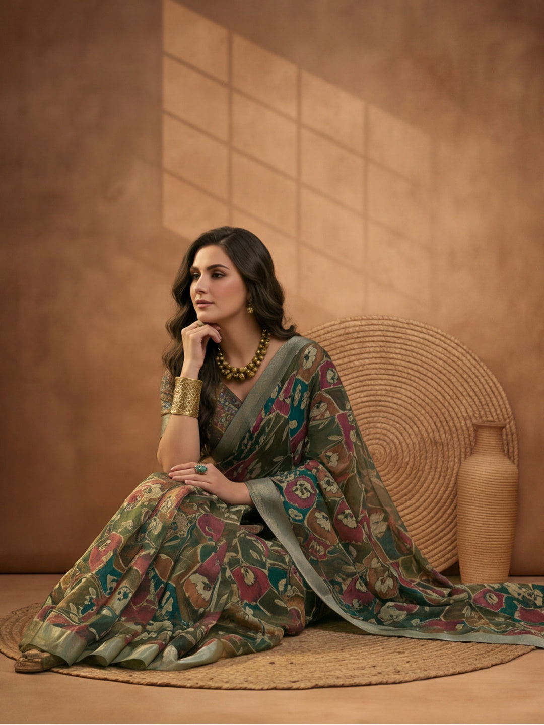 Olive Green Linen Cotton Digital Printed Floral Saree