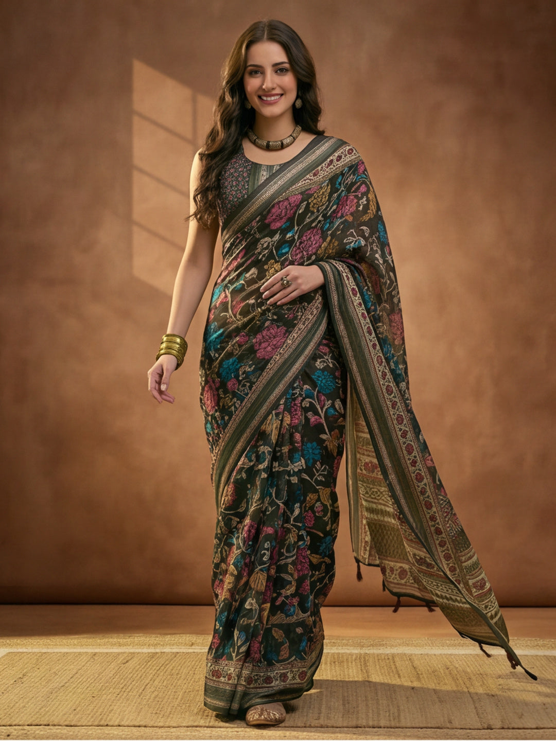 Dark Green Linen Cotton Digital Printed Floral Saree