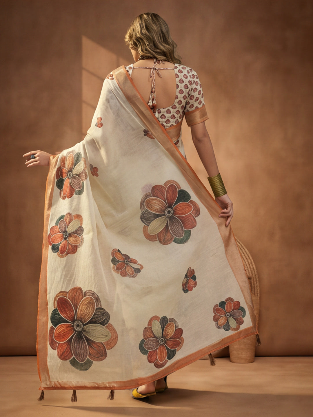 Off White Linen Cotton Digital Printed Floral Saree
