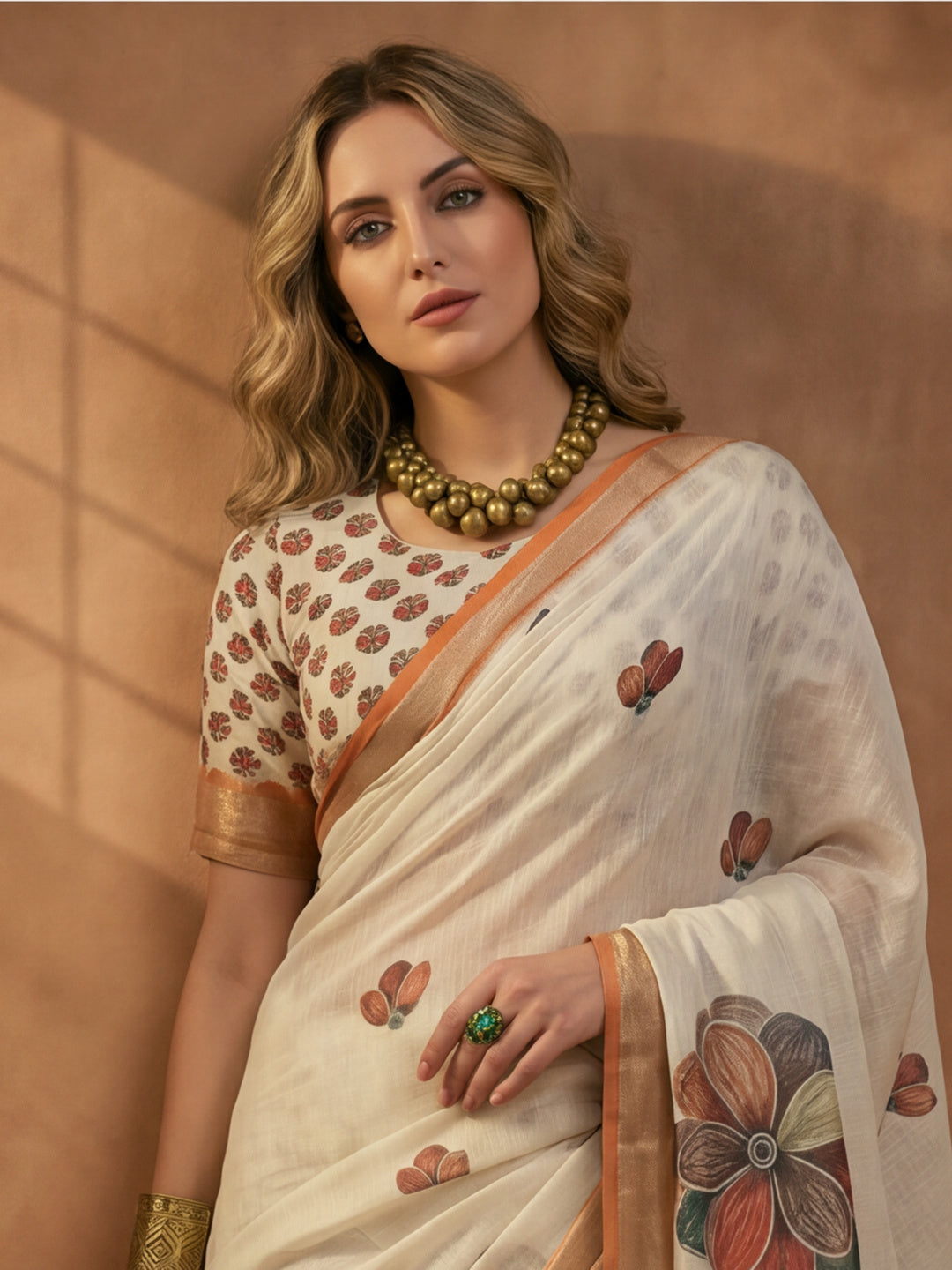 Off White Linen Cotton Digital Printed Floral Saree