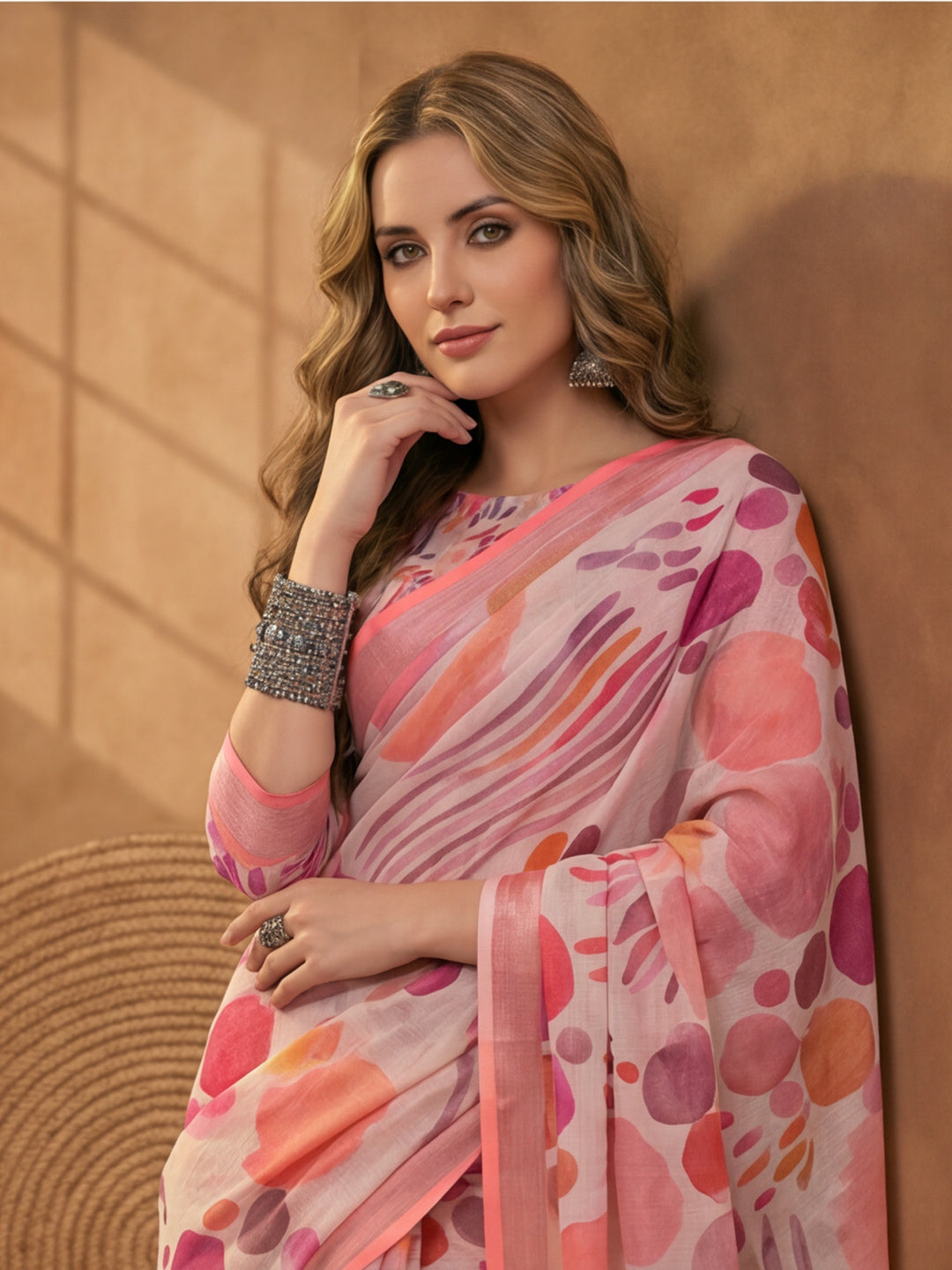 Peach Linen Cotton Digital Printed Abstract Saree