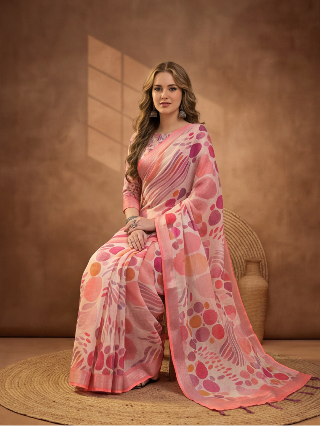 Peach Linen Cotton Digital Printed Abstract Saree