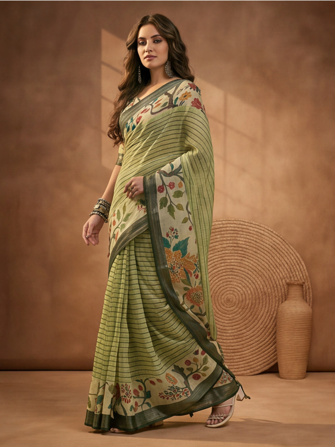 Pista Green Linen Cotton Digital Printed Floral Saree