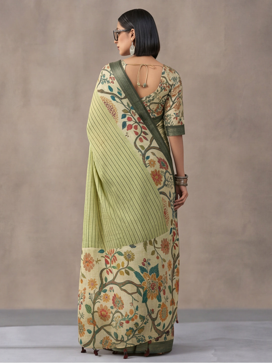 Pista Green Linen Cotton Digital Printed Floral Saree