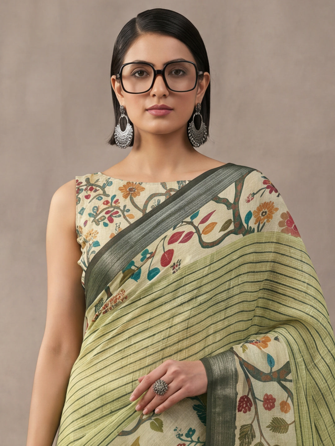 Pista Green Linen Cotton Digital Printed Floral Saree