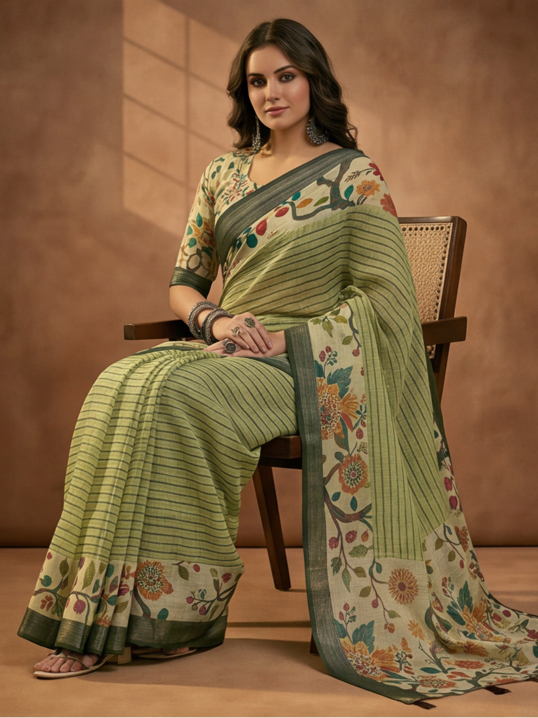 Pista Green Linen Cotton Digital Printed Floral Saree