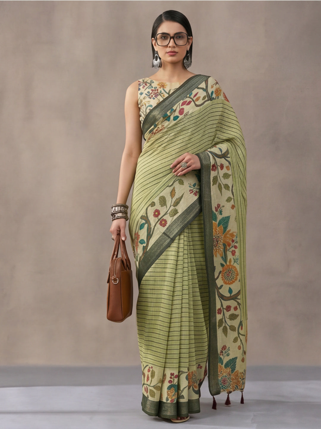 Pista Green Linen Cotton Digital Printed Floral Saree