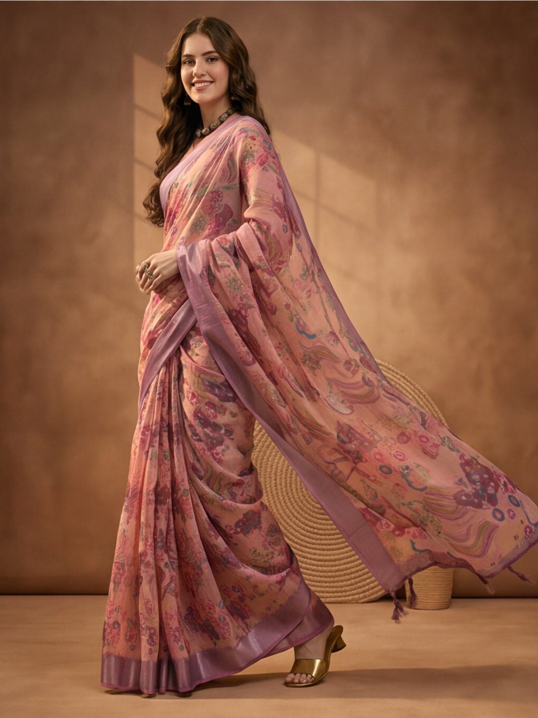 Dusty Pink Linen Cotton Digital Printed Floral Saree