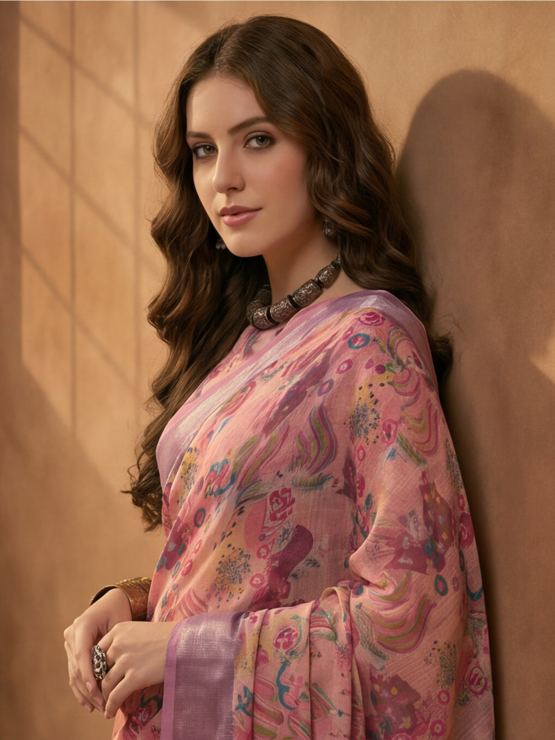 Dusty Pink Linen Cotton Digital Printed Floral Saree