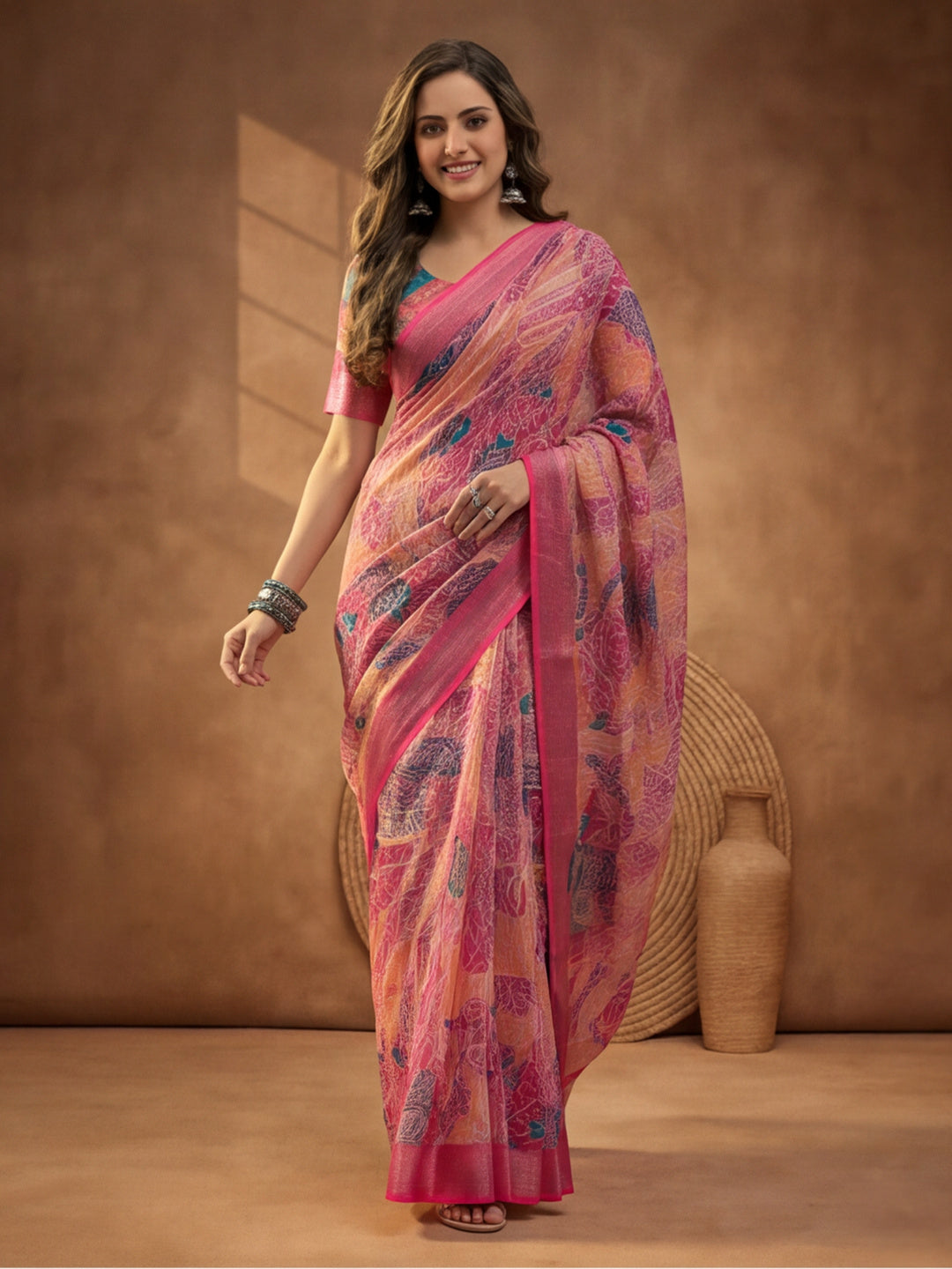 Rani Pink Linen Cotton Digital Printed Paisley Saree