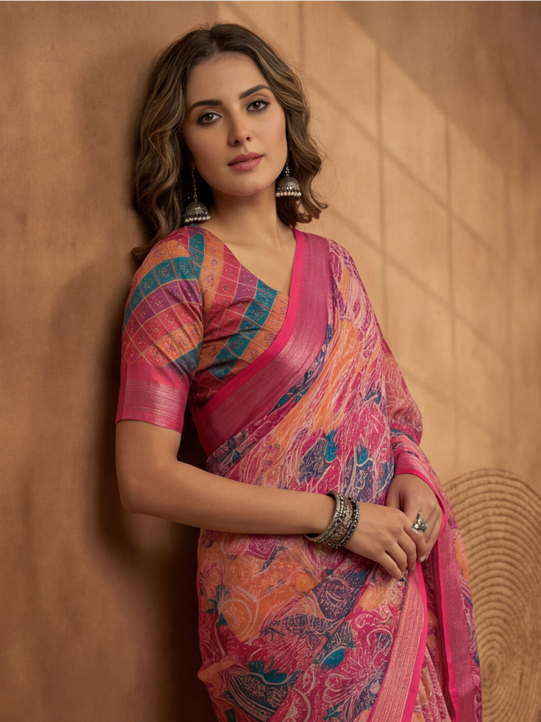 Rani Pink Linen Cotton Digital Printed Paisley Saree