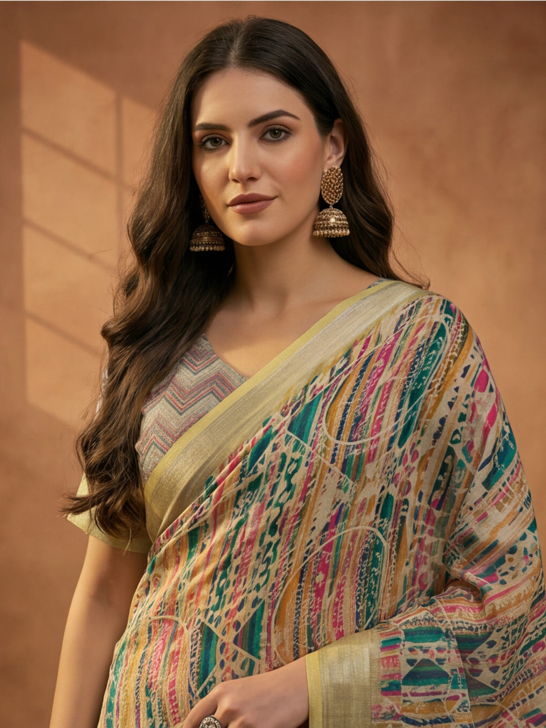 Multicolour Linen Cotton Digital Printed Chevron Saree