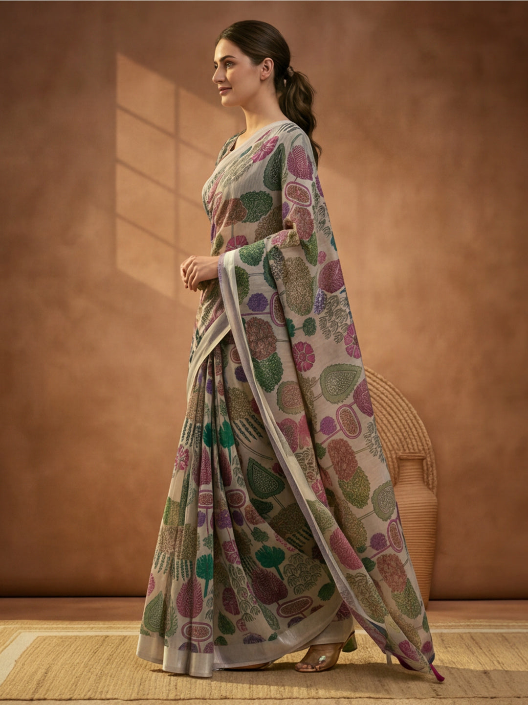 Beige Linen Cotton Digital Printed Floral Saree