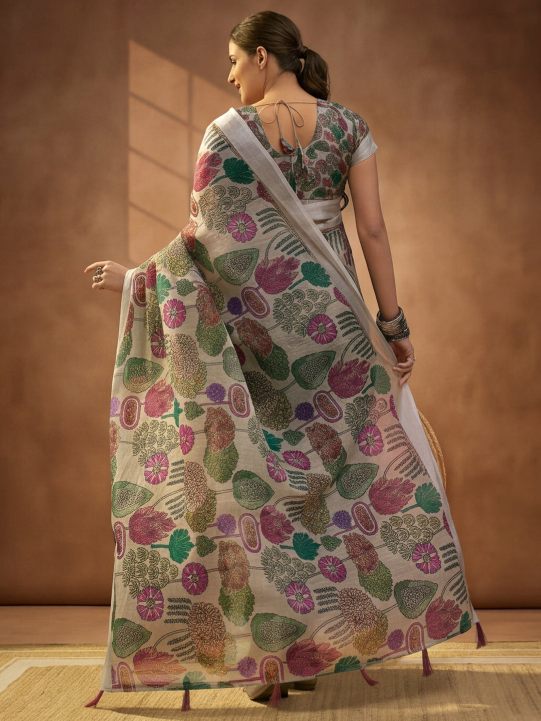 Beige Linen Cotton Digital Printed Floral Saree