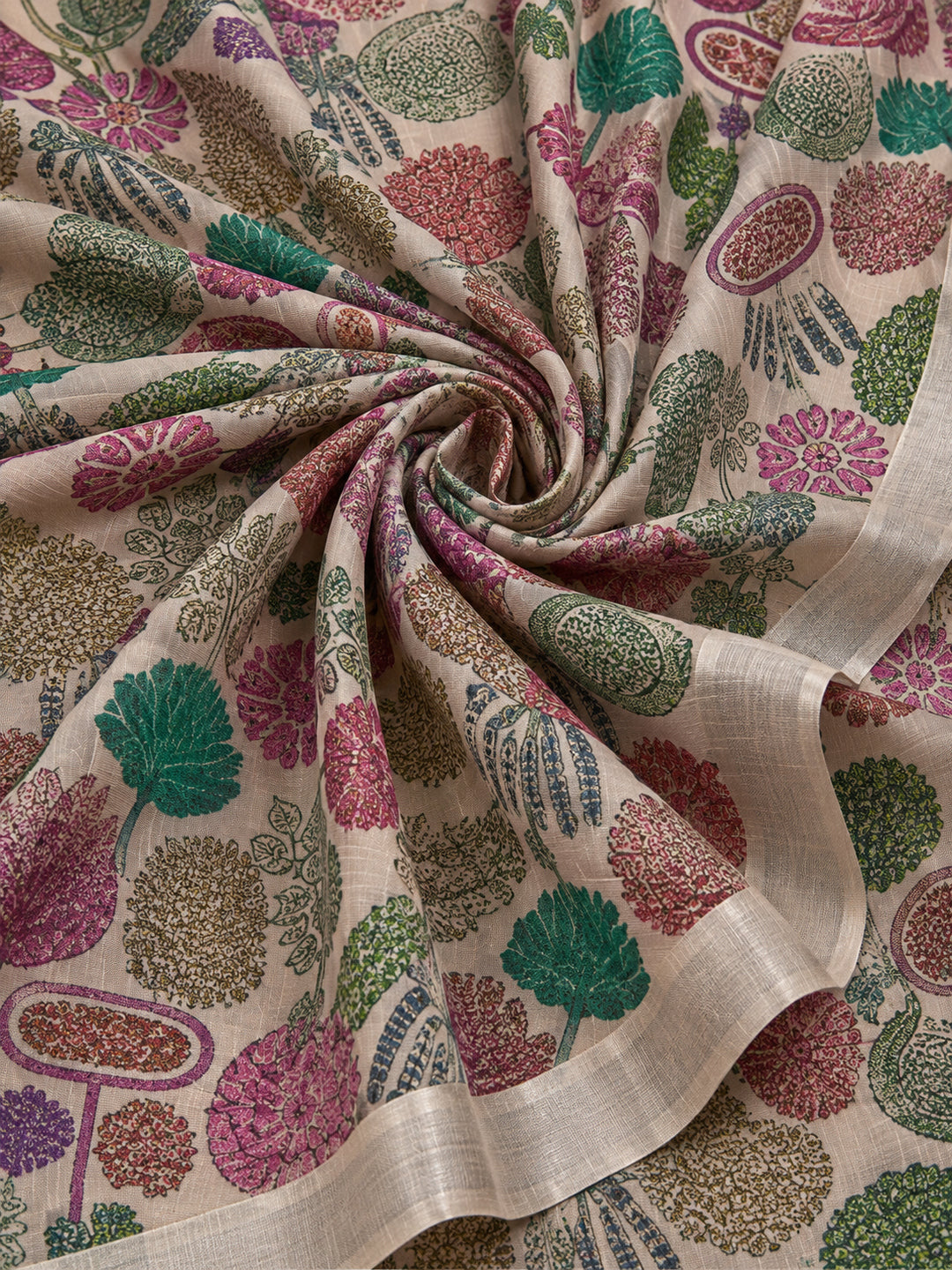 Beige Linen Cotton Digital Printed Floral Saree