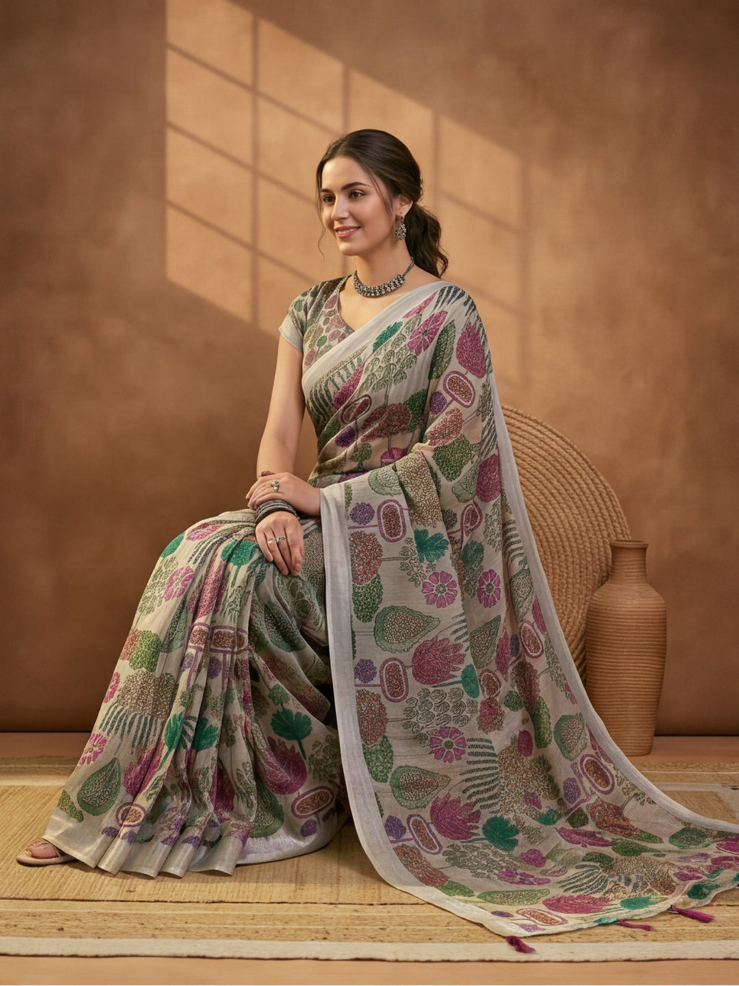 Beige Linen Cotton Digital Printed Floral Saree