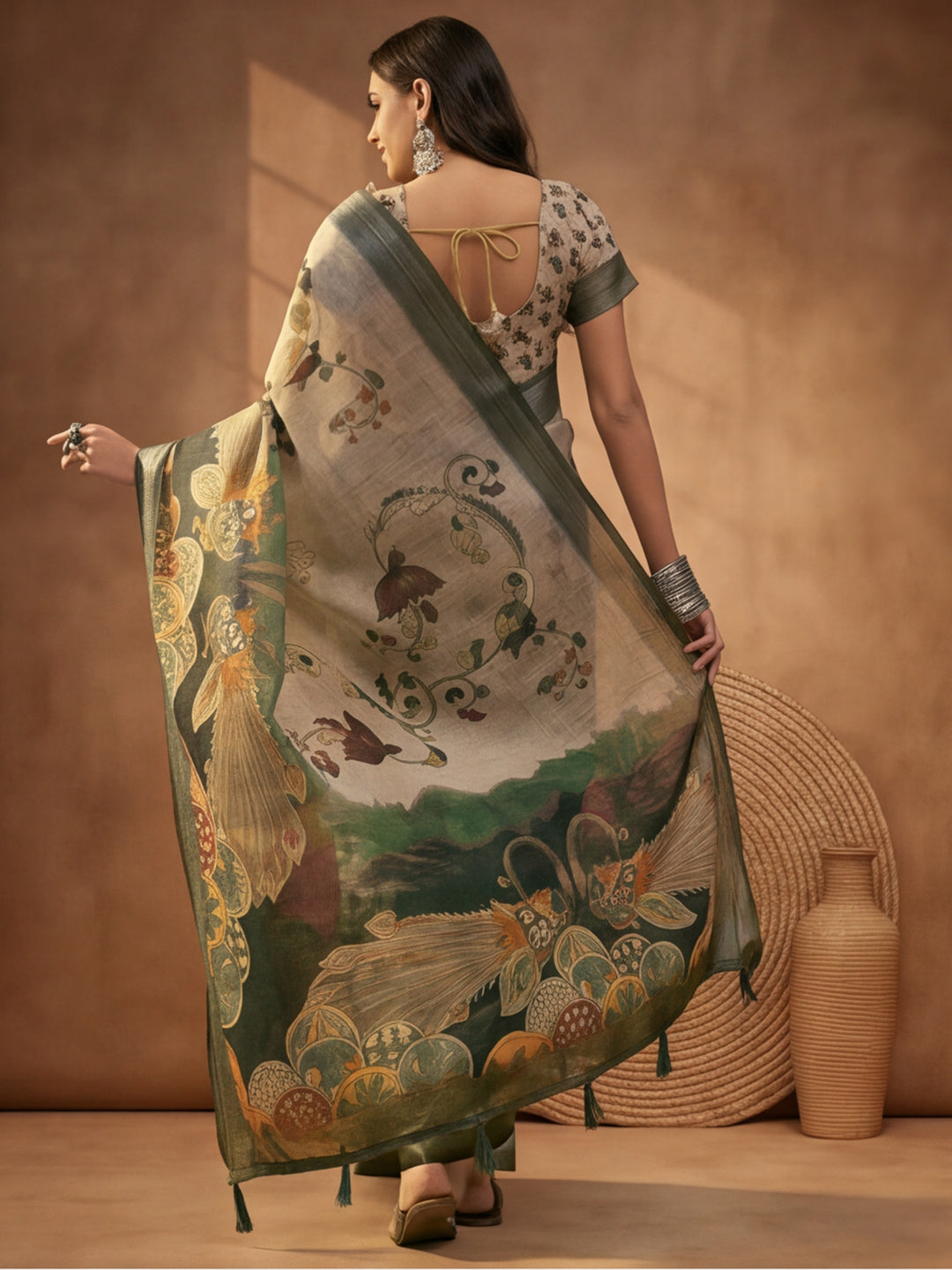 Beige Green Linen Cotton Digital Printed Kalamkari Saree