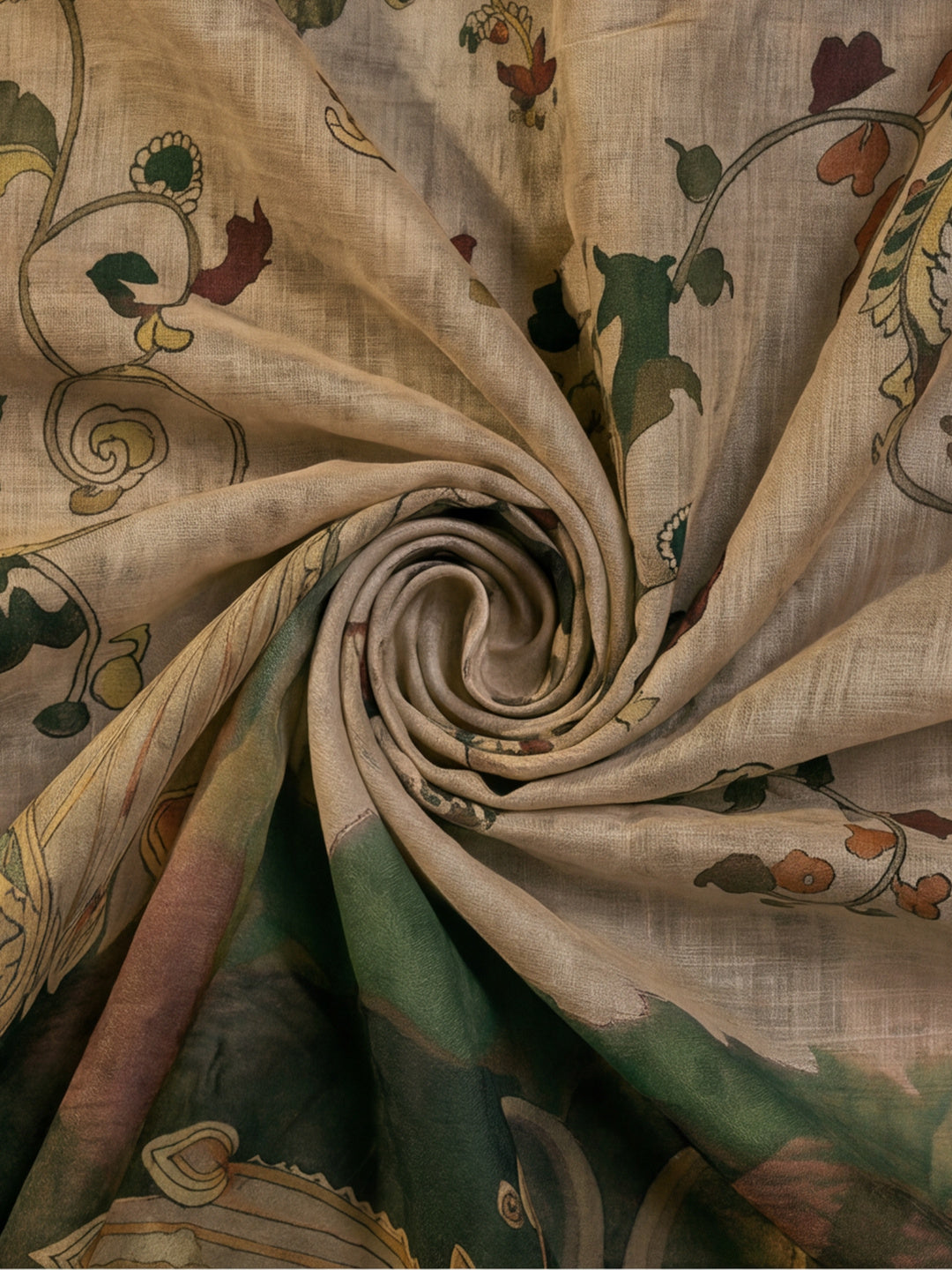 Beige Green Linen Cotton Digital Printed Kalamkari Saree