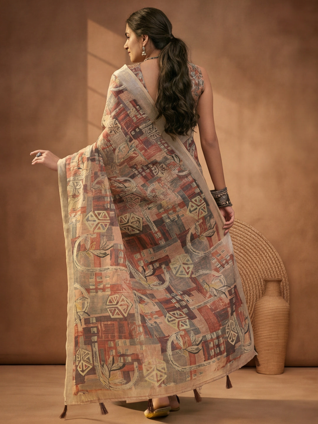 Brown Beige Linen Cotton Abstract Digital Printed Saree