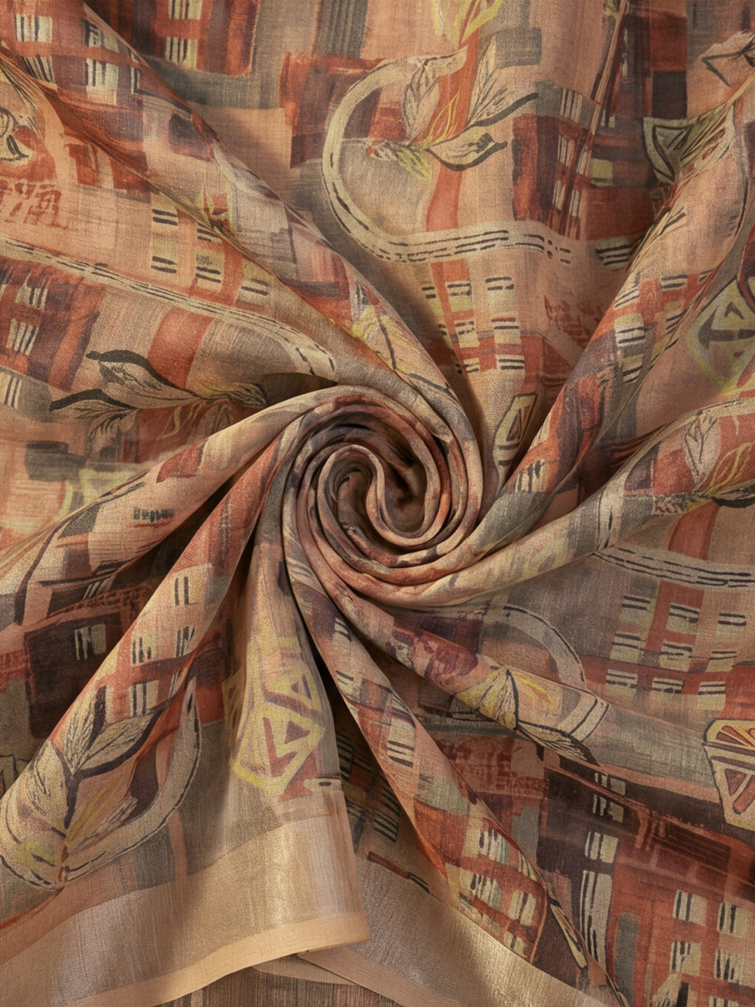 Brown Beige Linen Cotton Abstract Digital Printed Saree