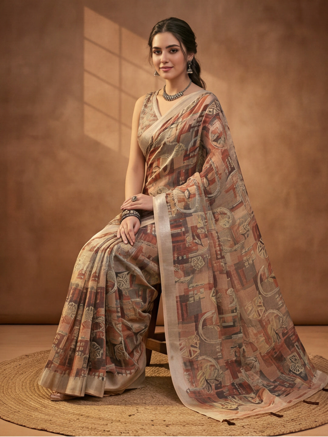 Brown Beige Linen Cotton Abstract Digital Printed Saree