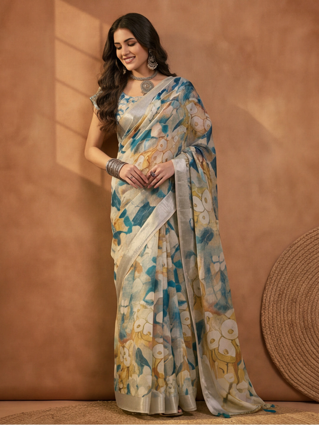 Blue Beige Linen Cotton Floral Digital Printed Saree