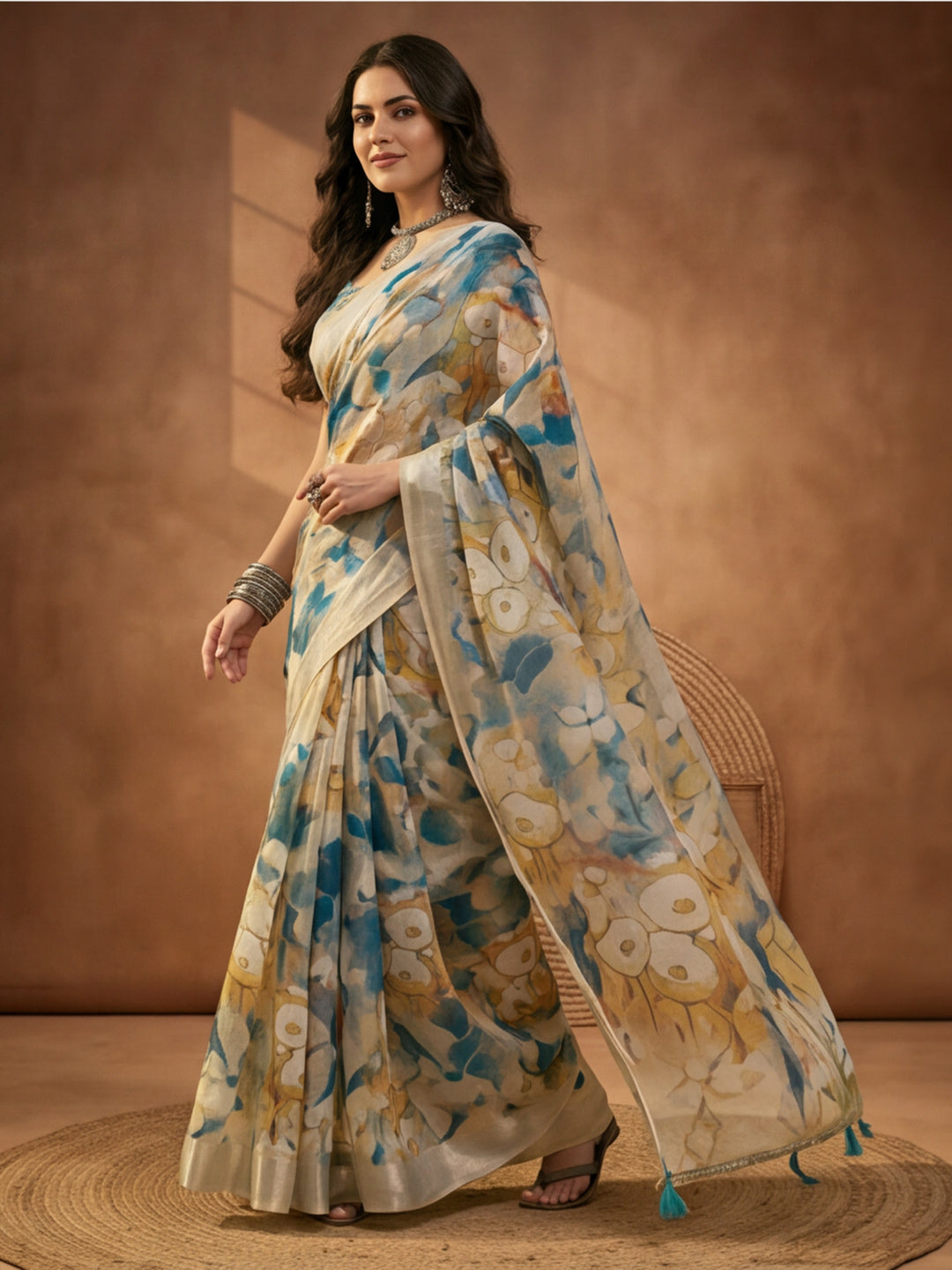 Blue Beige Linen Cotton Floral Digital Printed Saree