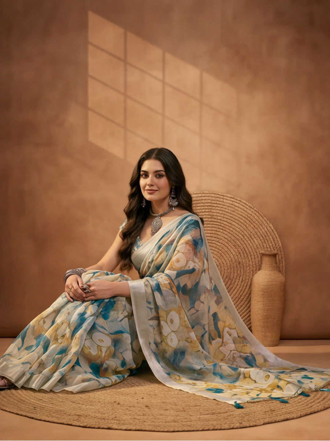 Blue Beige Linen Cotton Floral Digital Printed Saree