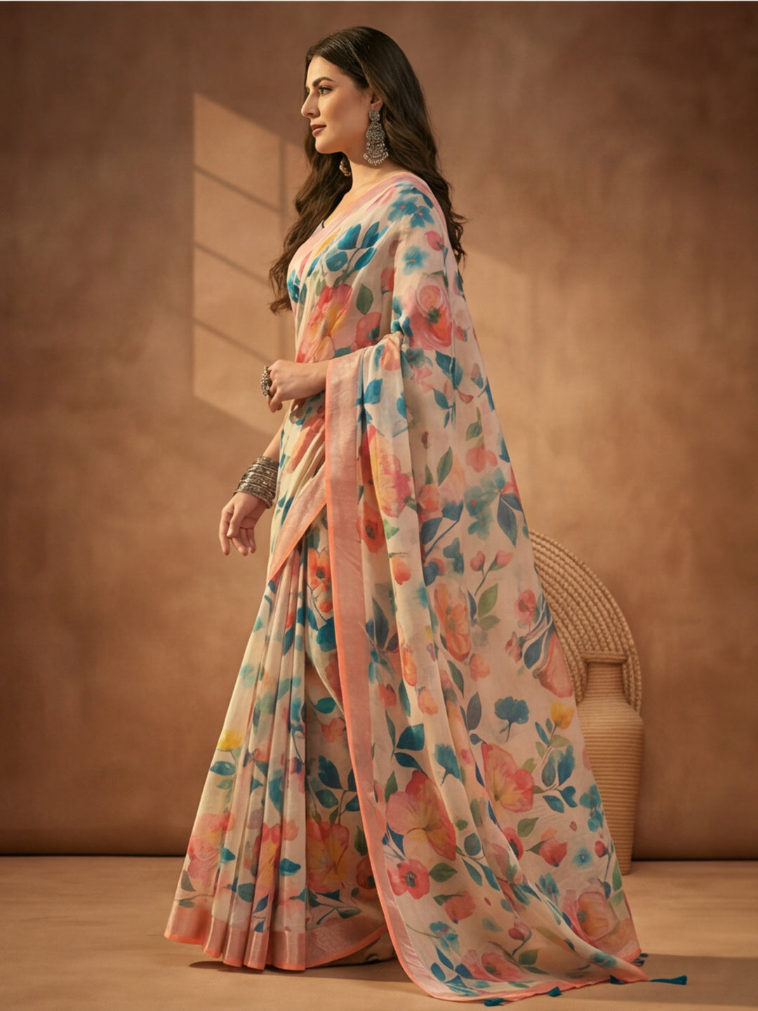 Peach Linen Cotton Floral Digital Printed Saree