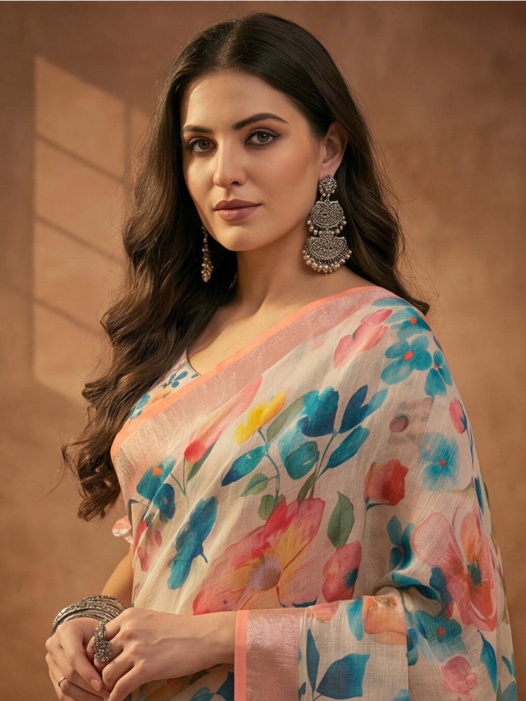 Peach Linen Cotton Floral Digital Printed Saree