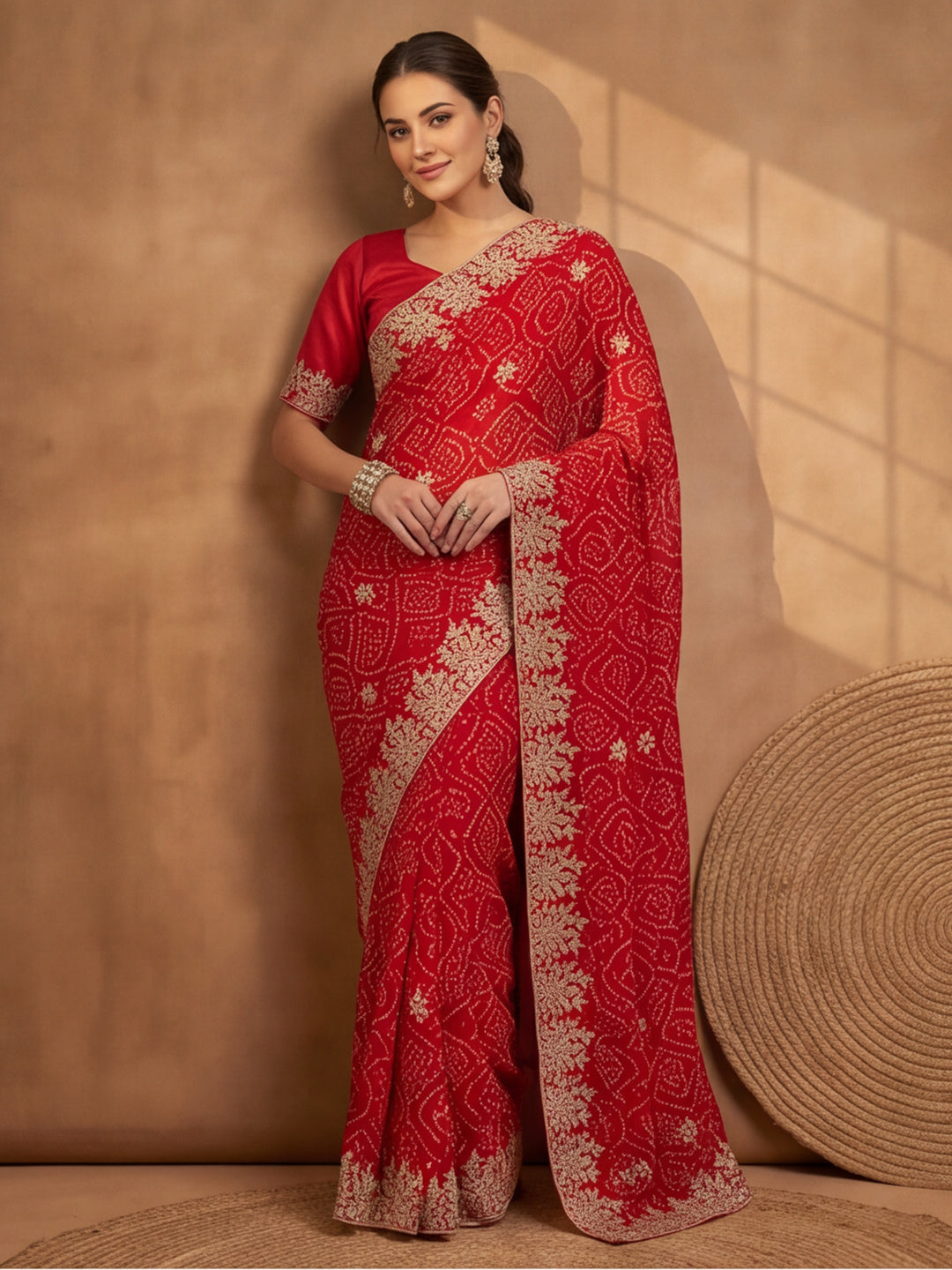 Red Bandhani Printed Saree with Embroidered Border