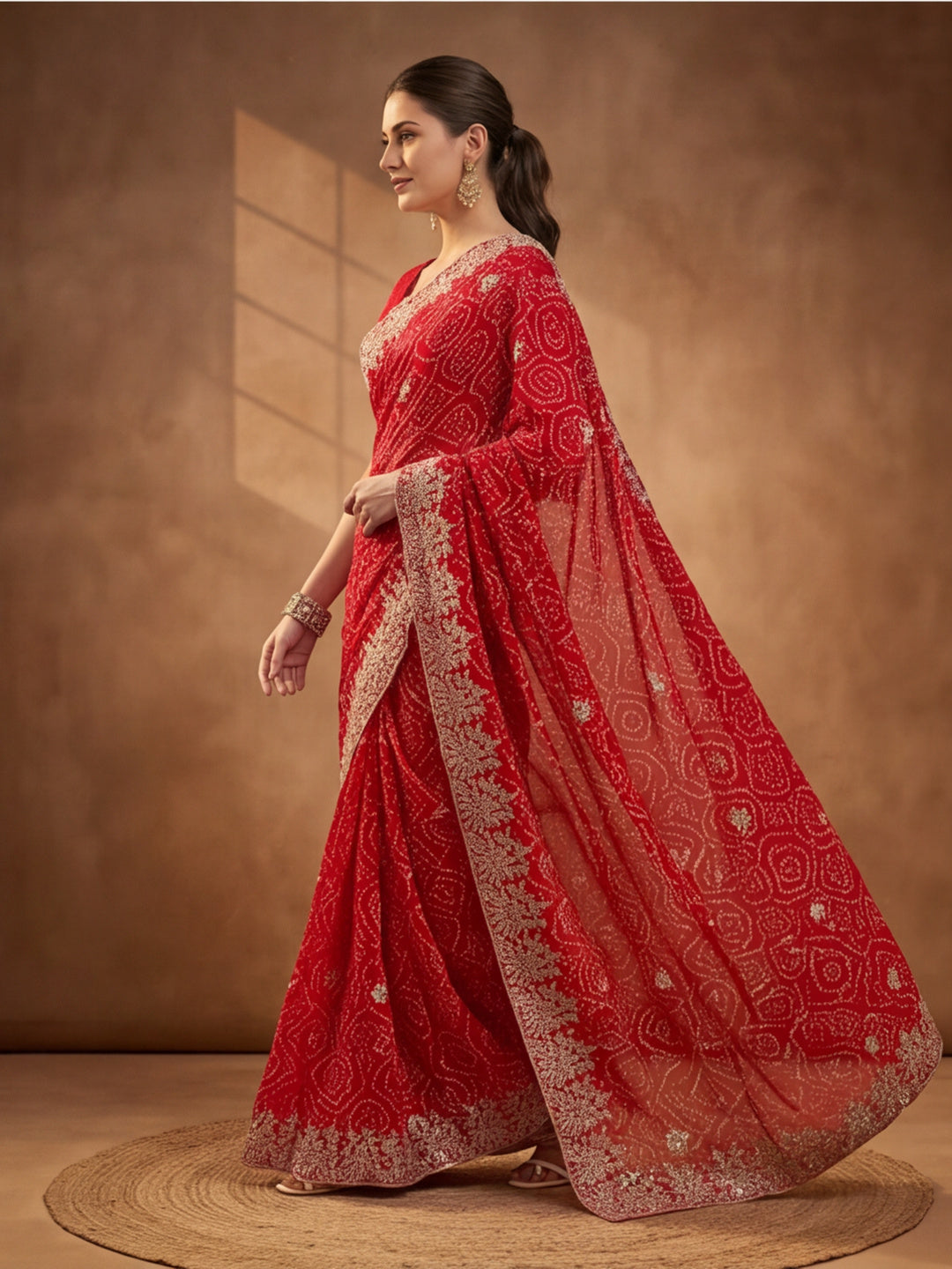 Red Bandhani Printed Saree with Embroidered Border