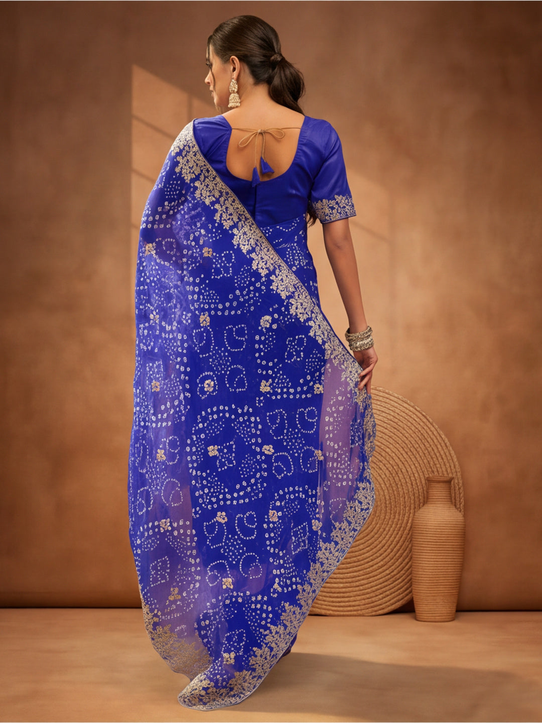 Blue Bandhani Printed Saree with Embroidered Border