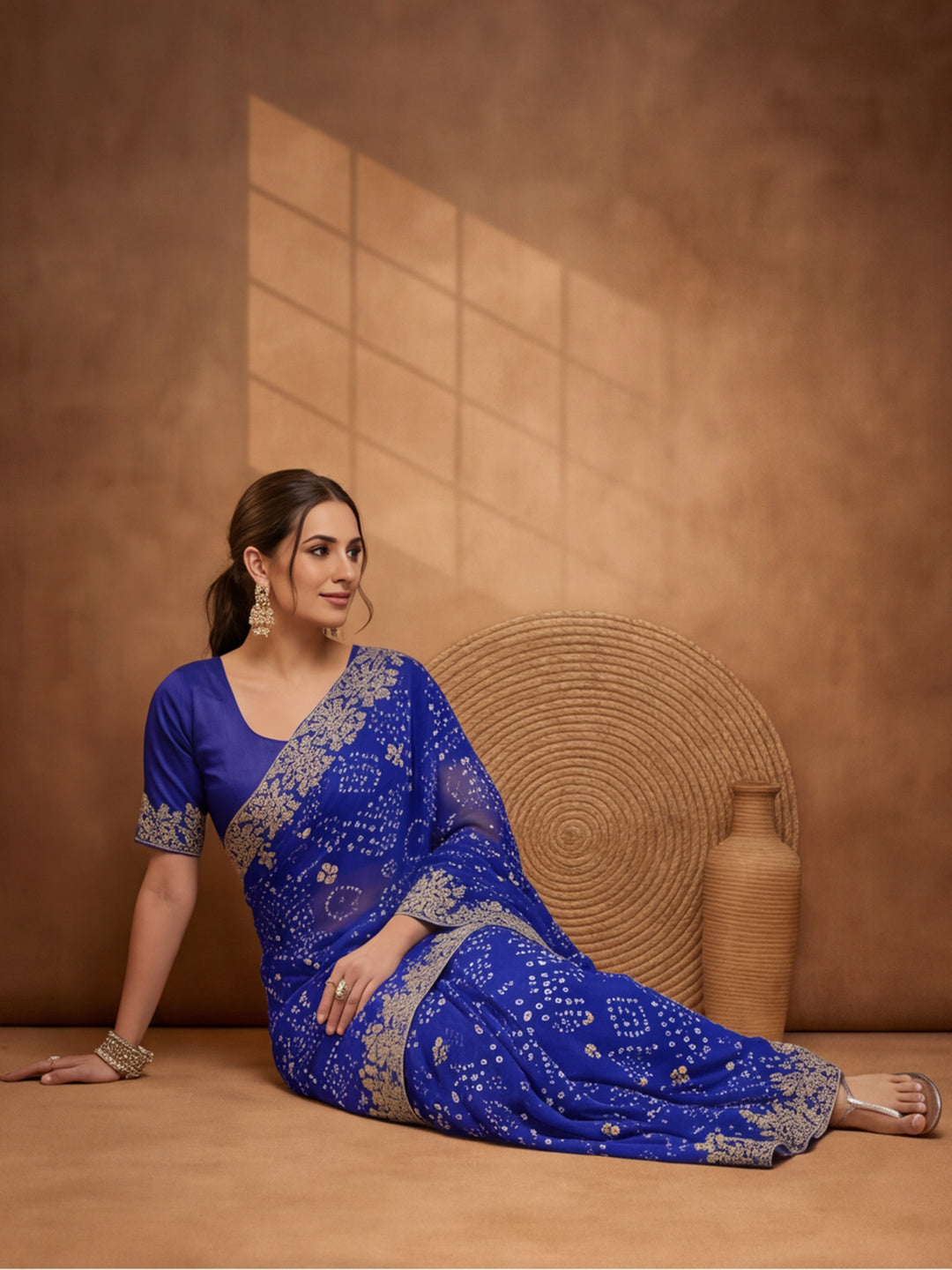 Blue Bandhani Printed Saree with Embroidered Border