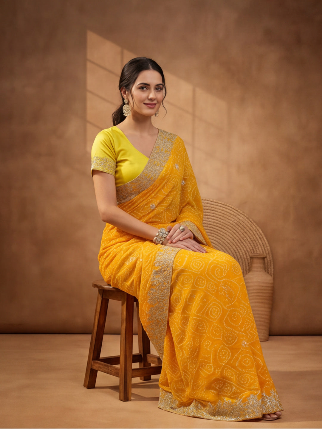 Yellow Bandhani Printed Saree with Embroidered Border