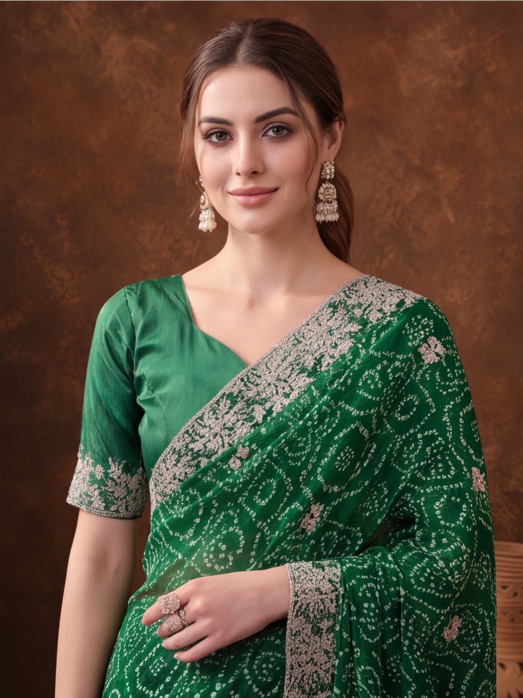 Green Bandhani Printed Saree with Embroidered Border