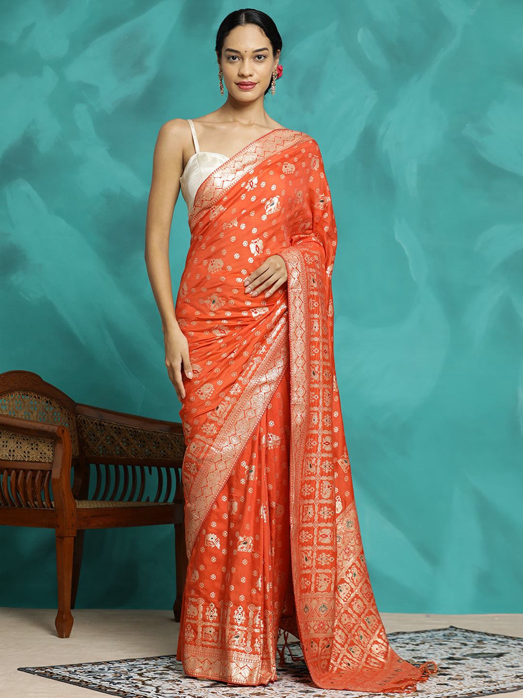 Festive Orange Zari Woven Heavy Banarasi Saree