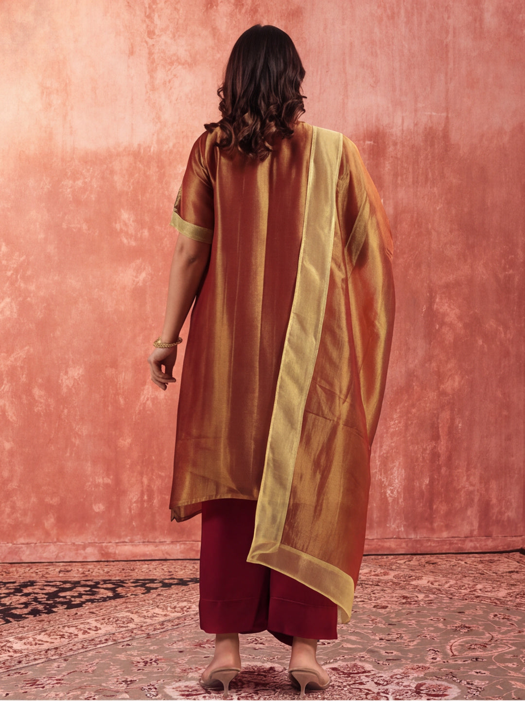 Solid Embroidered A-Line Tissue Silk Kurta & Palazzos Sets