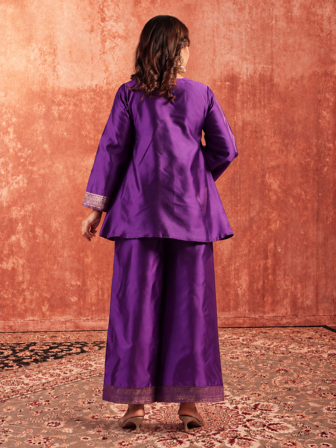 Floral Embroidered A-Line Silk Blend Kurta & Palazzos Sets