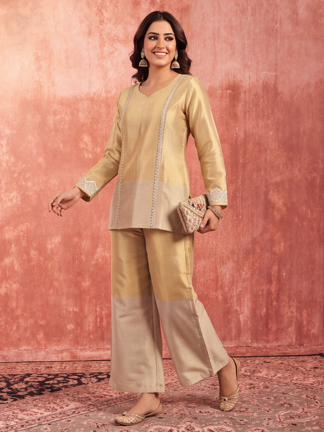 Solid Straight Tissue Silk Kurta & Palazzos Sets