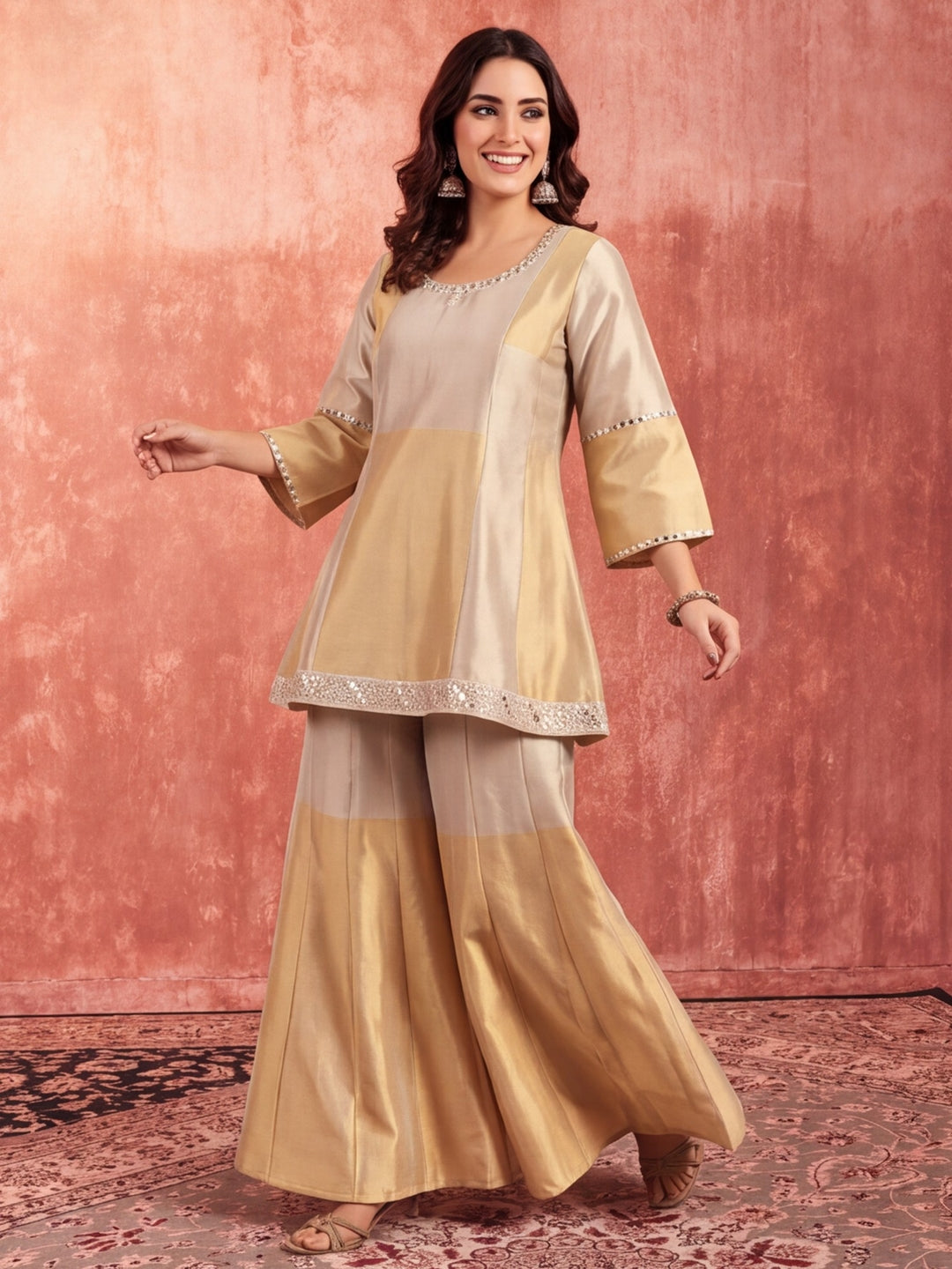 Solid A-Line Tissue Silk Kurta & Palazzos Sets