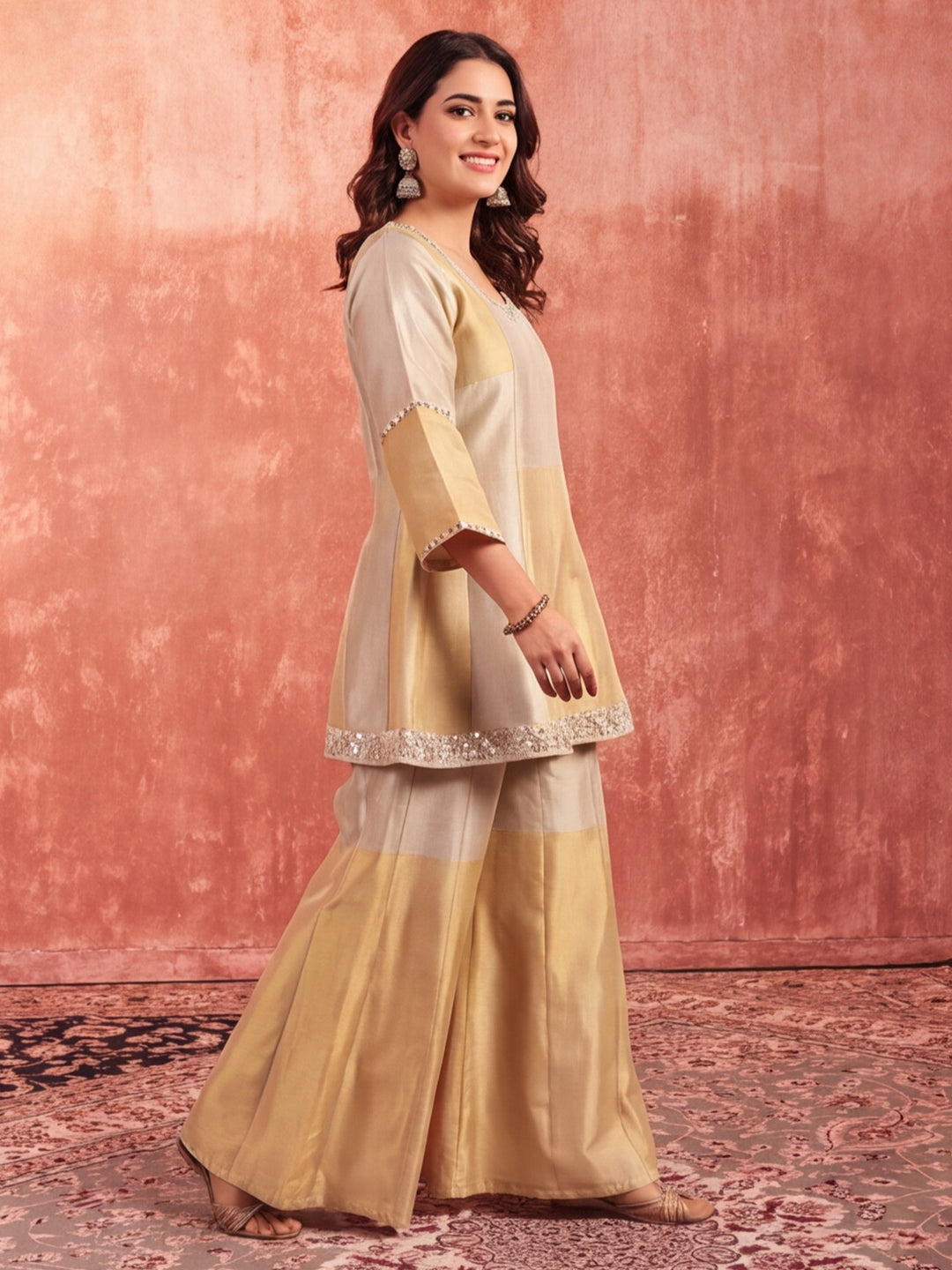 Solid A-Line Tissue Silk Kurta & Palazzos Sets
