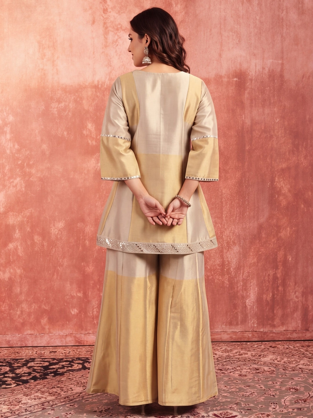 Solid A-Line Tissue Silk Kurta & Palazzos Sets