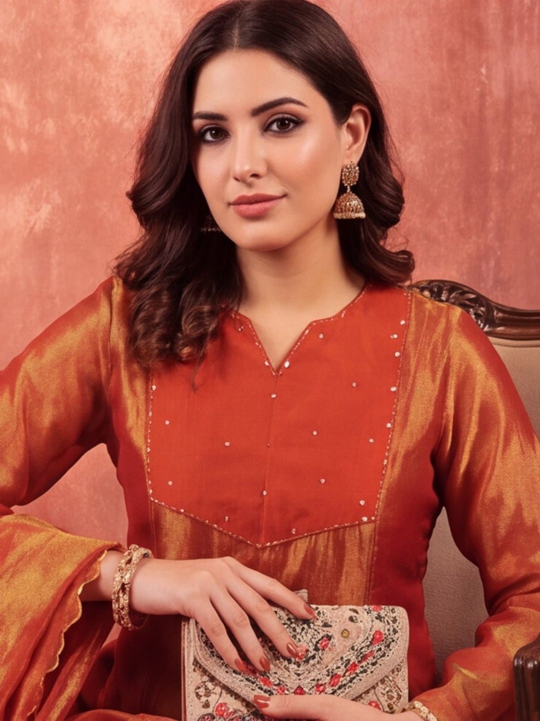 Solid A-Line Tissue Silk Kurta & Palazzos Sets