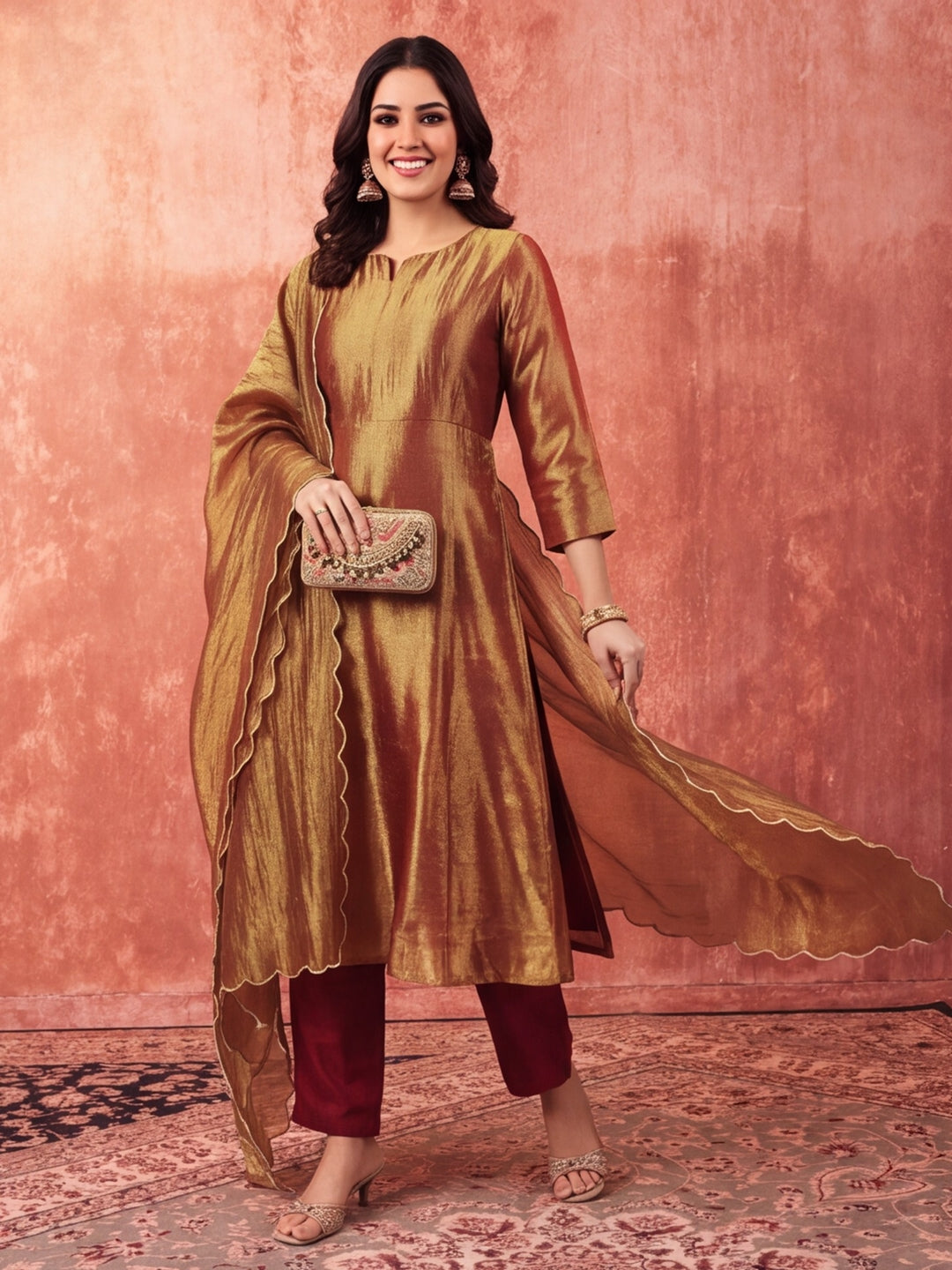 Solid A-Line Tissue Silk Kurta & Palazzos Sets