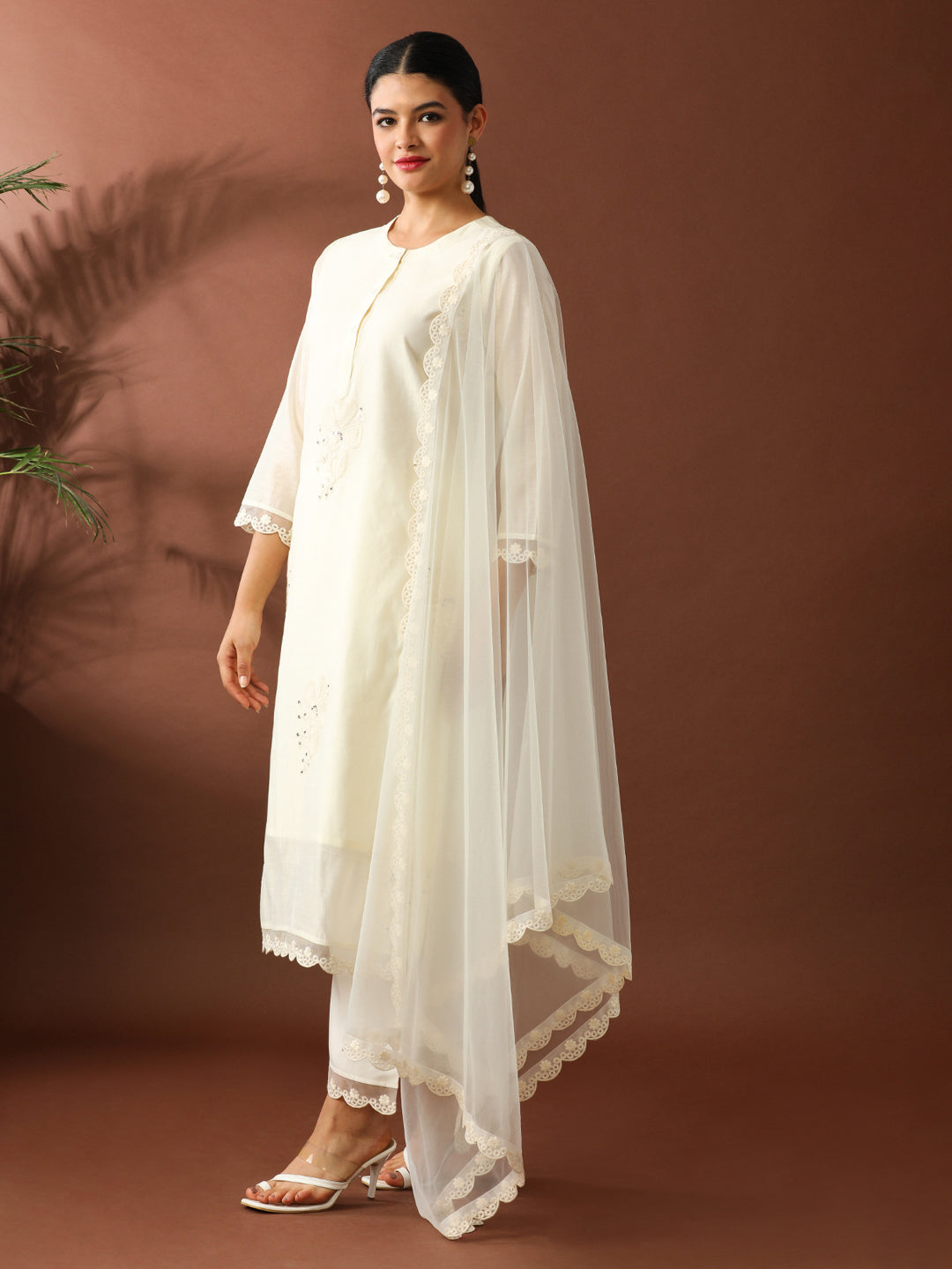 Floral Embroidered Straight Chanderi Cotton Kurta & Trousers Sets