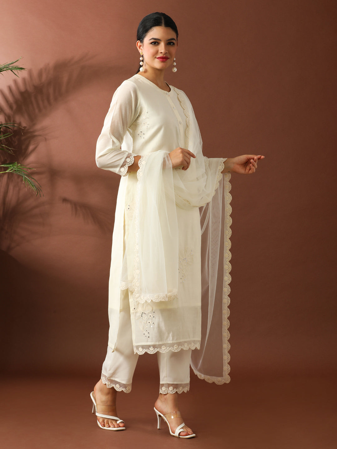 Floral Embroidered Straight Chanderi Cotton Kurta & Trousers Sets