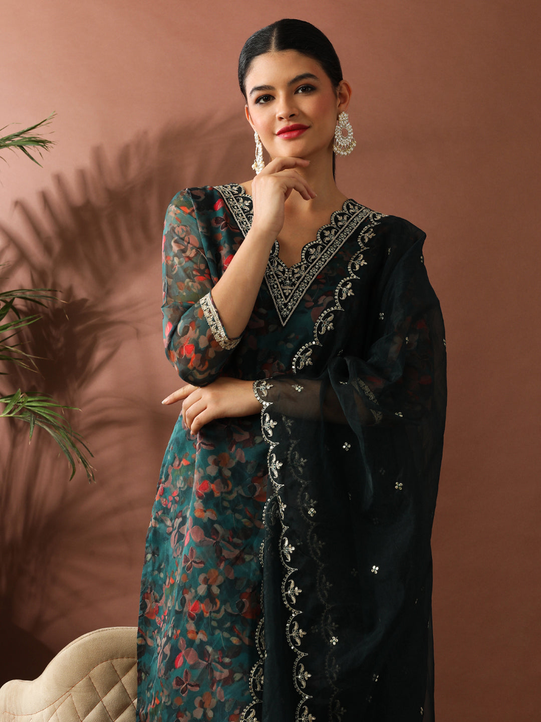 Floral Embroidered Straight Organza Kurta Sets